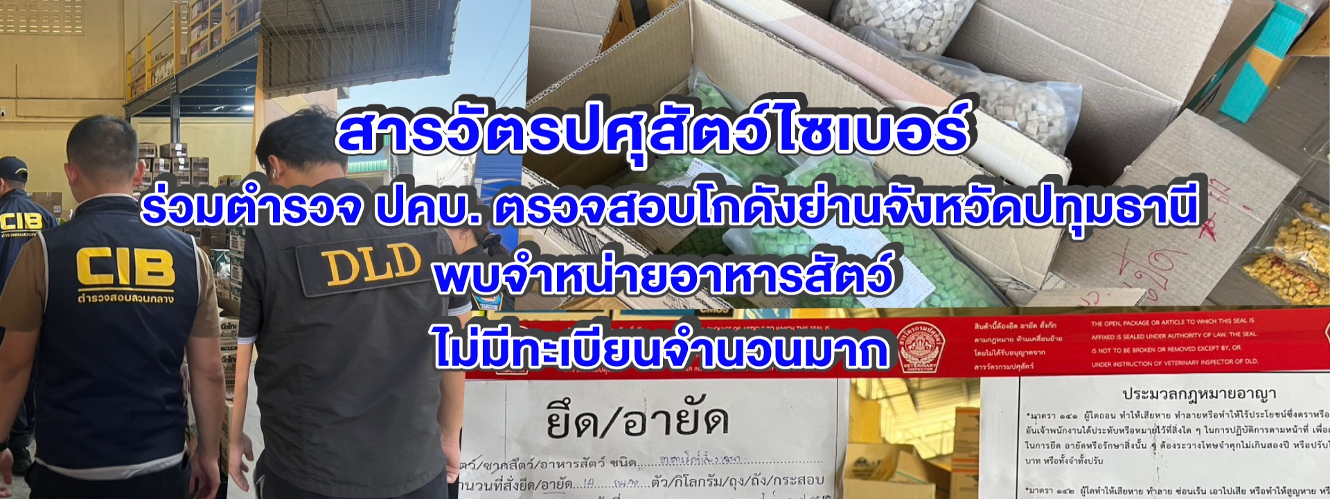 สารวัตรปศุสัตว์ไซเบอร์ ร่วมตำรวจ ปคบ.เข้า ตรวจสอบโกดังย่านจังหวัดปทุมธานี พบจำหน่ายอาหารสัตว์ไม่มีทะเบียนจำนวนมาก